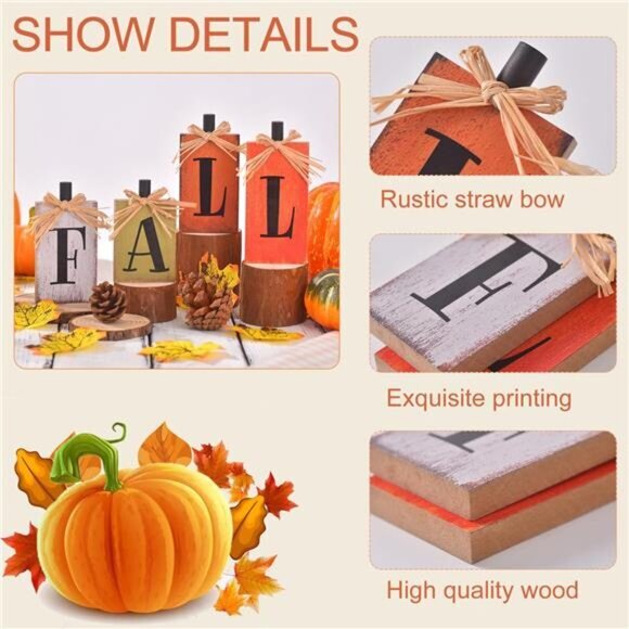 Fall Decorations for Home, 4 Pcs Rustic Farmhouse Home Table Autumn Decor Signs - Picture 4 of 7